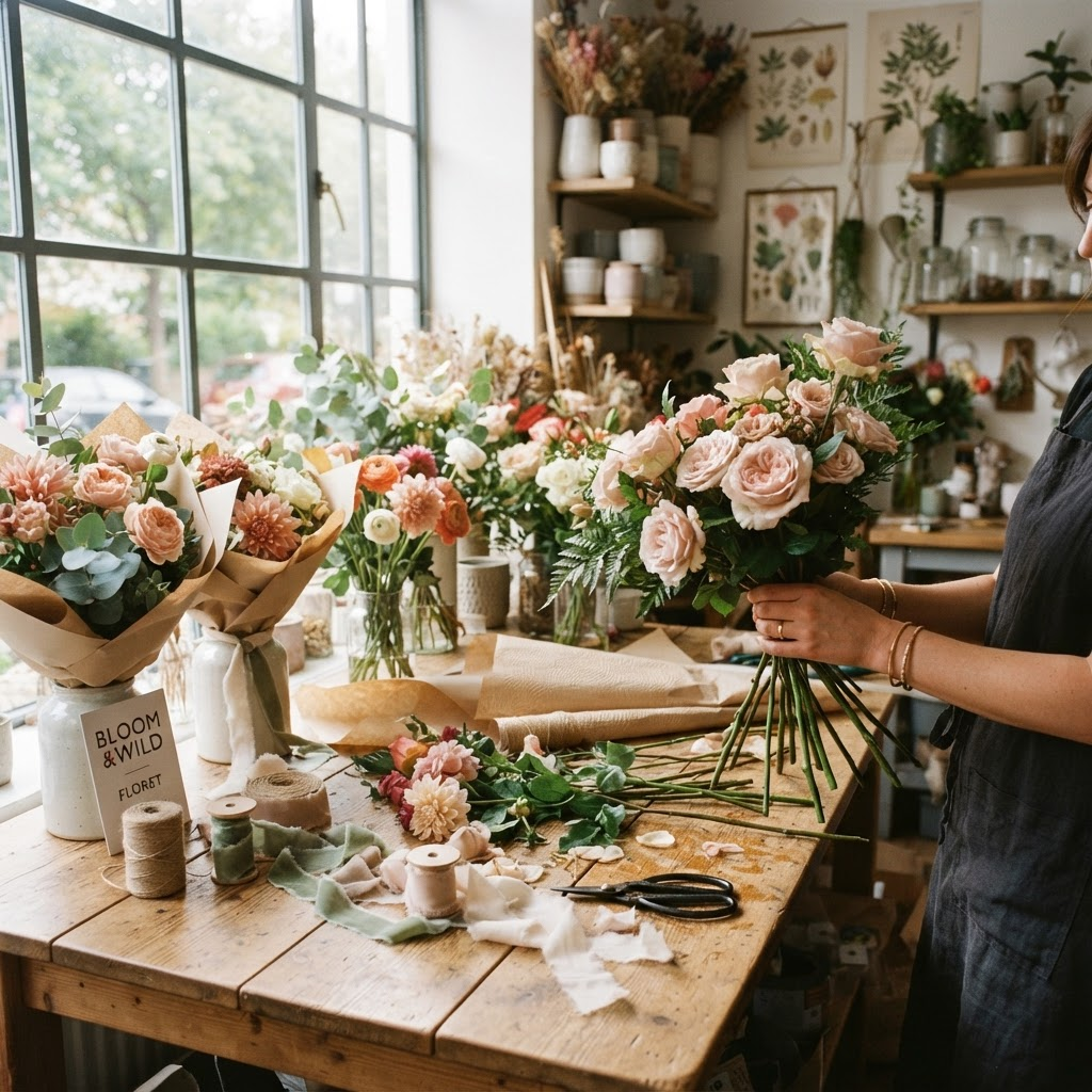 Inside the Bloom Blossom boutique, arranging fresh bouquets