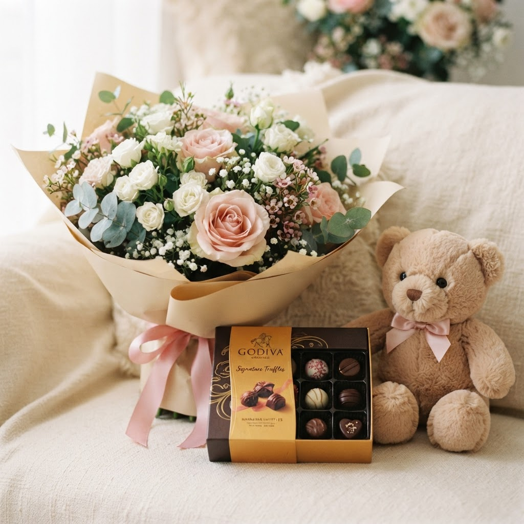 Chocolate + Bouquet & Teddy Bear Combo